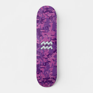 Aquarius Zodiac Symbol on Pink Digital Camouflage Skateboard
