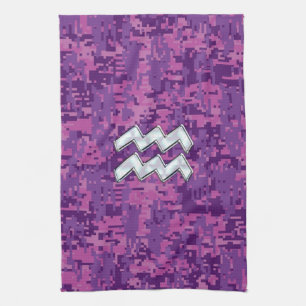 Aquarius Zodiac Symbol on Pink Digital Camouflage Tea Towel