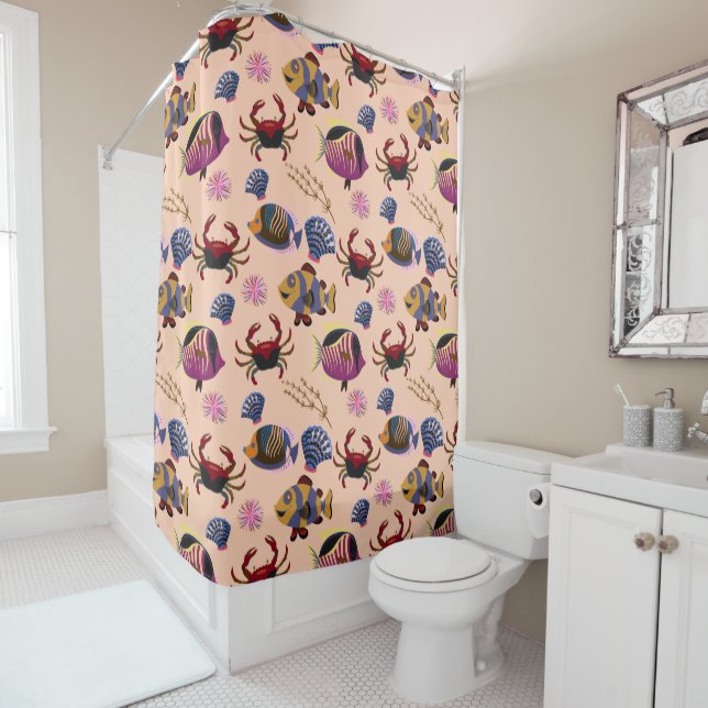 Aquatic animals pattern | ocean underwater life 10 shower curtain (In Situ)