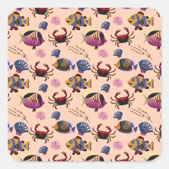 Aquatic animals pattern | ocean underwater life 10 square sticker (Front)