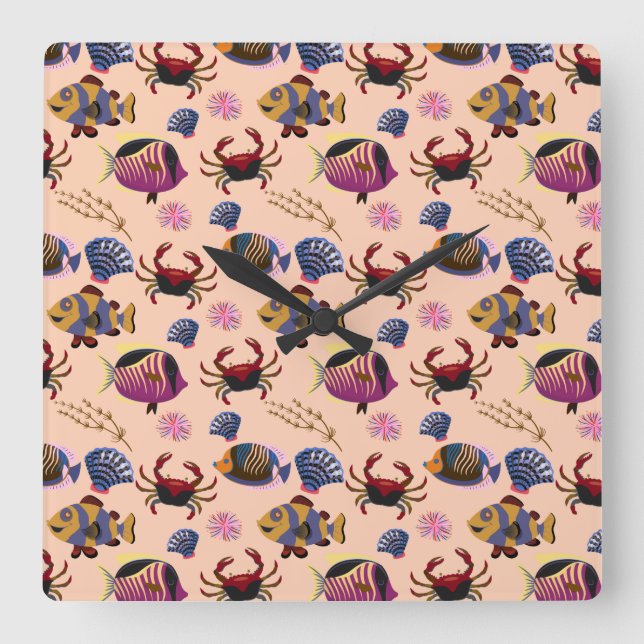 Aquatic animals pattern | ocean underwater life 10 square wall clock (Front)