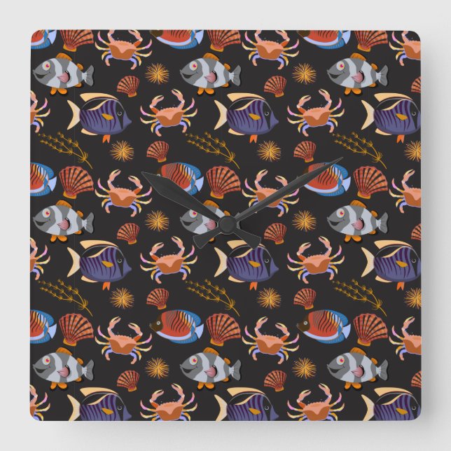 Aquatic animals pattern | ocean underwater life 11 square wall clock (Front)