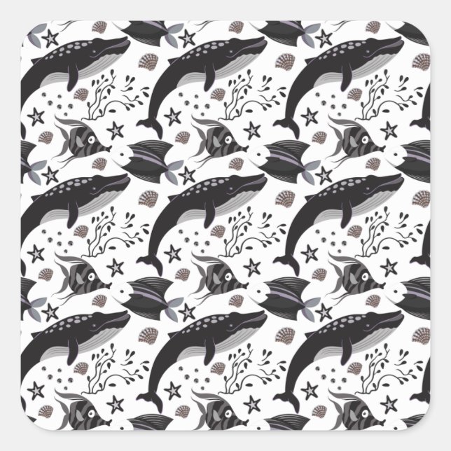 Aquatic animals pattern | ocean underwater life 16 square sticker (Front)
