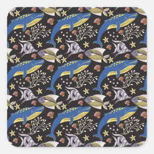 Aquatic animals pattern   ocean underwater life 17 square sticker