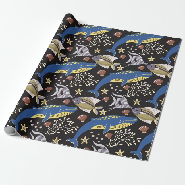 Aquatic animals pattern | ocean underwater life 17 wrapping paper (Unrolled)