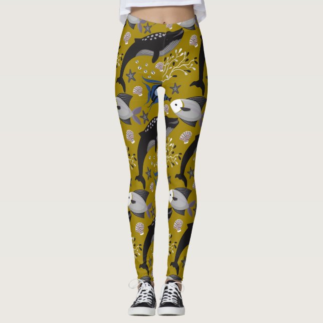 Aquatic animals pattern | ocean underwater life 18 leggings (Front)
