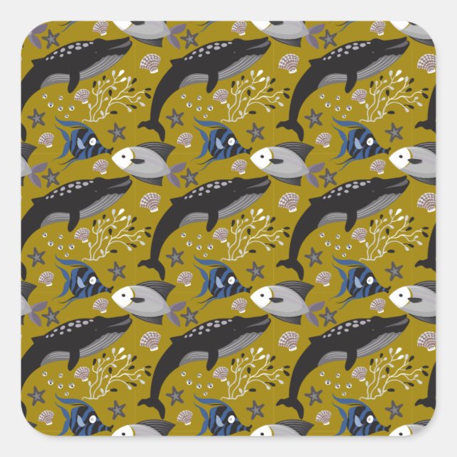 Aquatic animals pattern | ocean underwater life 18 square sticker (Front)