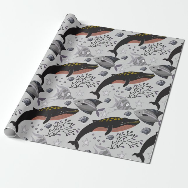 Aquatic animals pattern | ocean underwater life 22 wrapping paper (Unrolled)