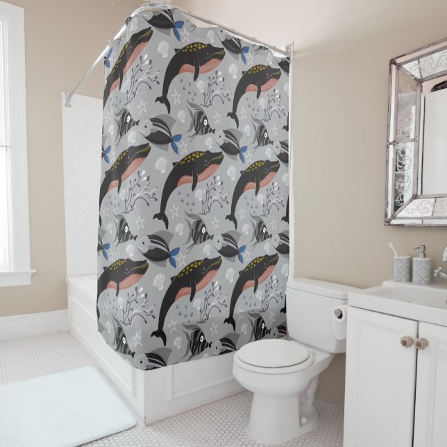 Aquatic animals pattern | ocean underwater life 23 shower curtain (In Situ)