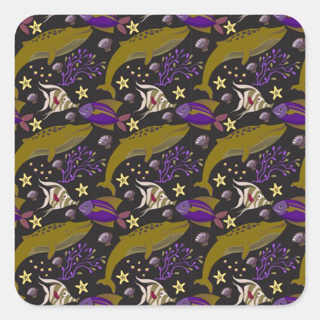 Aquatic animals pattern | ocean underwater life 25 square sticker (Front)