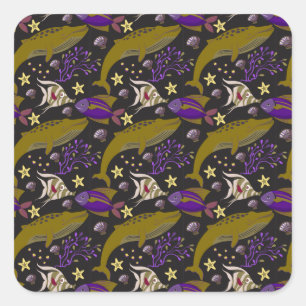 Aquatic animals pattern ocean underwater life 25 square sticker
