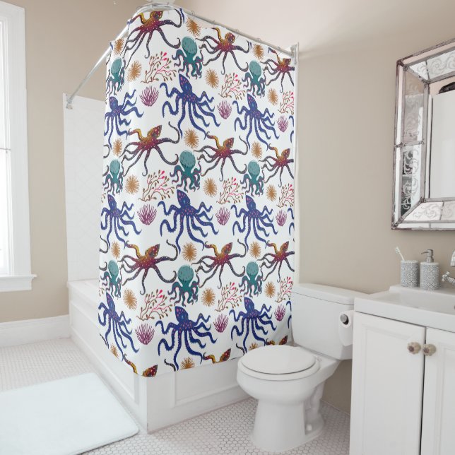 Aquatic animals pattern | ocean underwater life 27 shower curtain (In Situ)