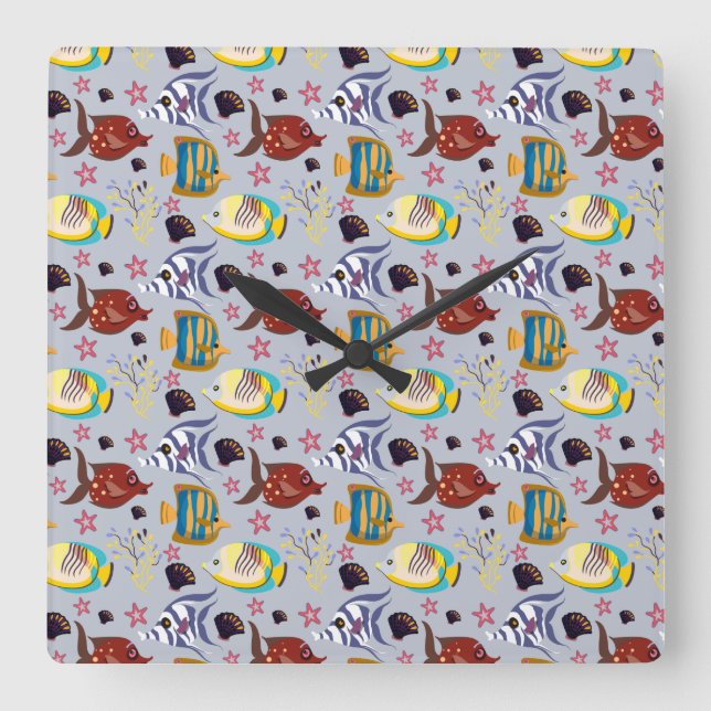 Aquatic animals pattern | ocean underwater life 2 square wall clock (Front)