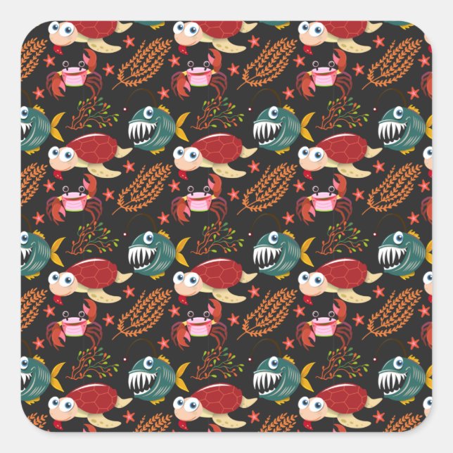 Aquatic animals pattern | ocean underwater life 30 square sticker (Front)