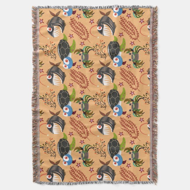 Aquatic animals pattern | ocean underwater life 32 throw blanket (Front Vertical)