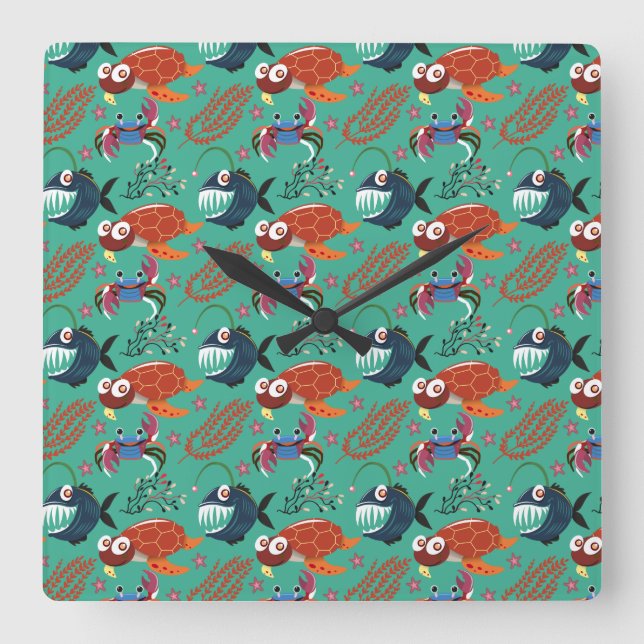 Aquatic animals pattern | ocean underwater life 33 square wall clock (Front)