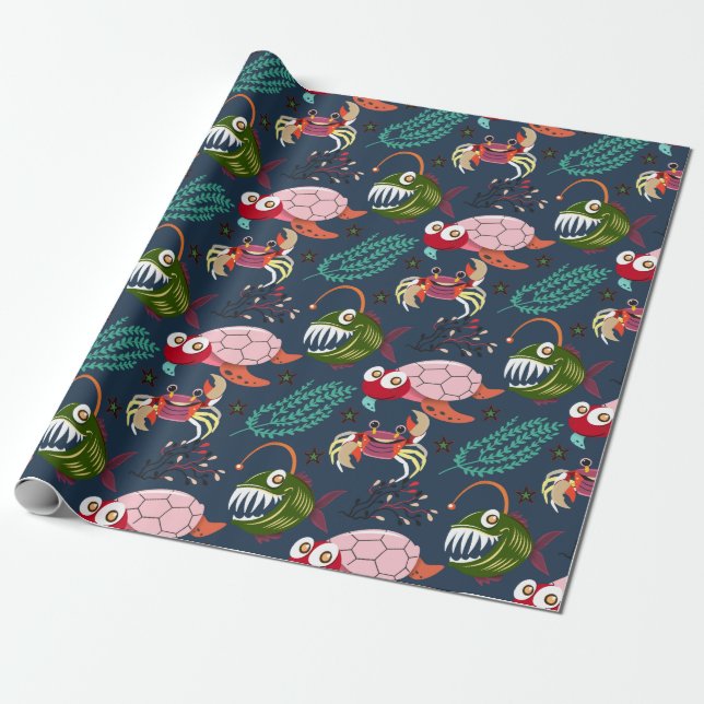 Aquatic animals pattern | ocean underwater life 34 wrapping paper (Unrolled)