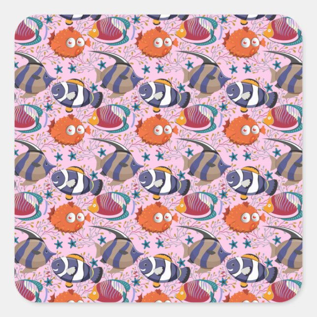 Aquatic animals pattern | ocean underwater life 39 square sticker (Front)