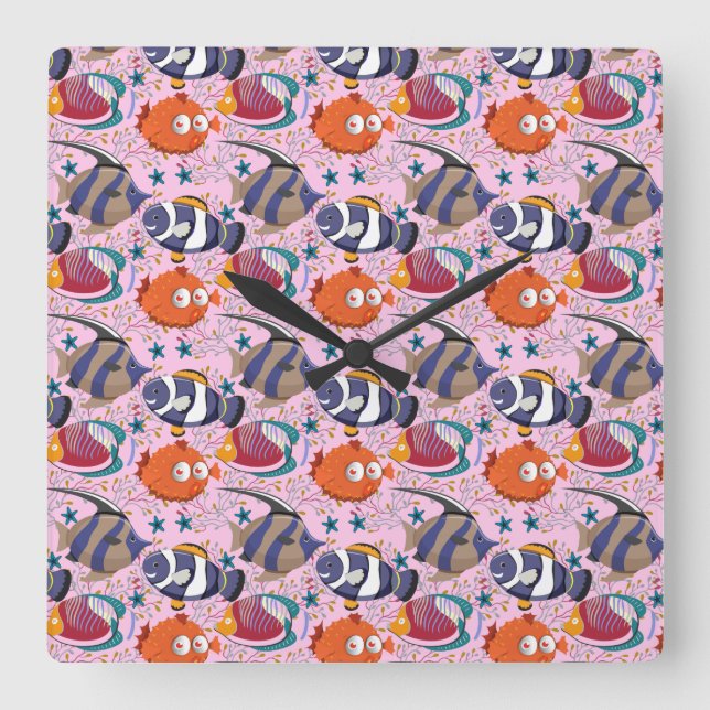 Aquatic animals pattern | ocean underwater life 39 square wall clock (Front)