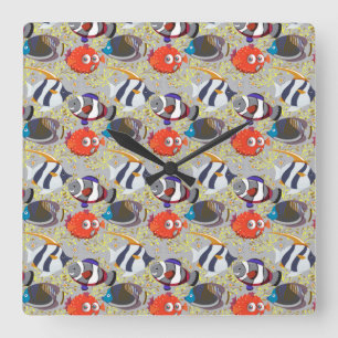 Aquatic animals pattern   ocean underwater life 40 square wall clock