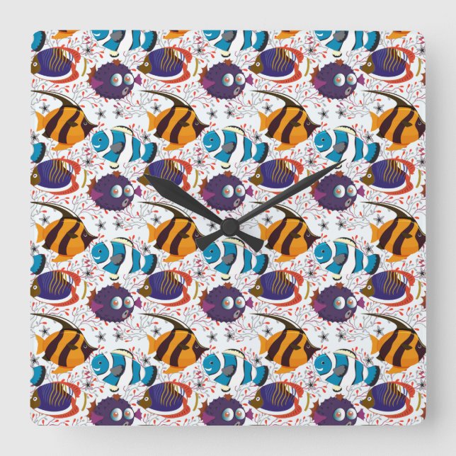 Aquatic animals pattern | ocean underwater life 44 square wall clock (Front)