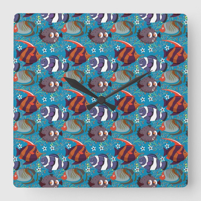 Aquatic animals pattern | ocean underwater life 45 square wall clock (Front)