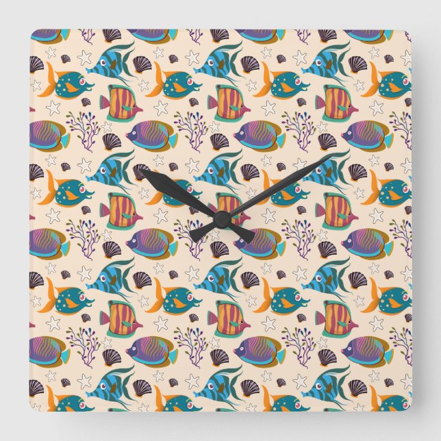 Aquatic animals pattern | ocean underwater life 5 square wall clock (Front)