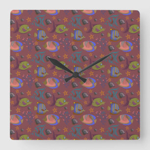 Aquatic animals pattern ocean underwater life 9 square wall clock
