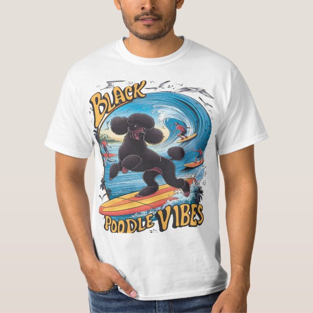 Aquatic Black Poodle: Surfing the Big Wave T-Shirt (Front)