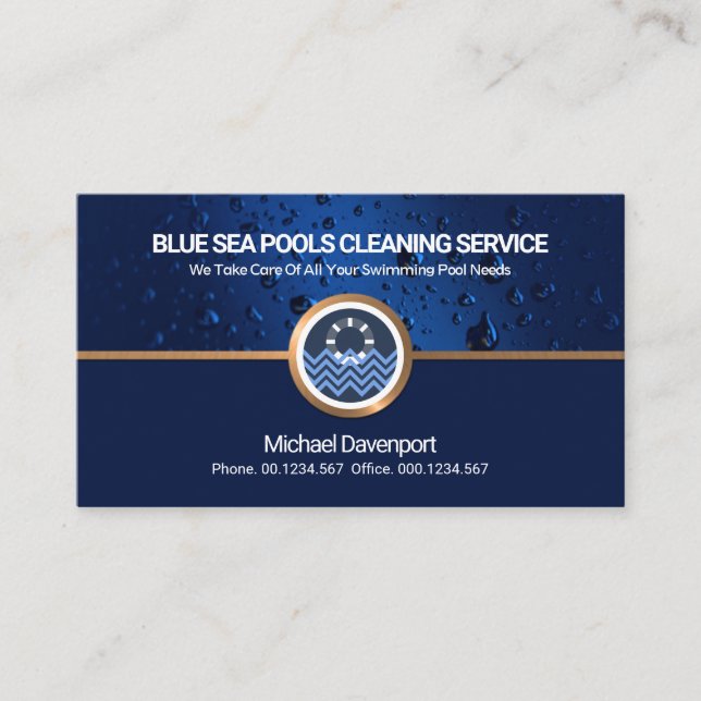 Aquatic Blue Waters Gold Border Swimming Pool Business Card (Front)