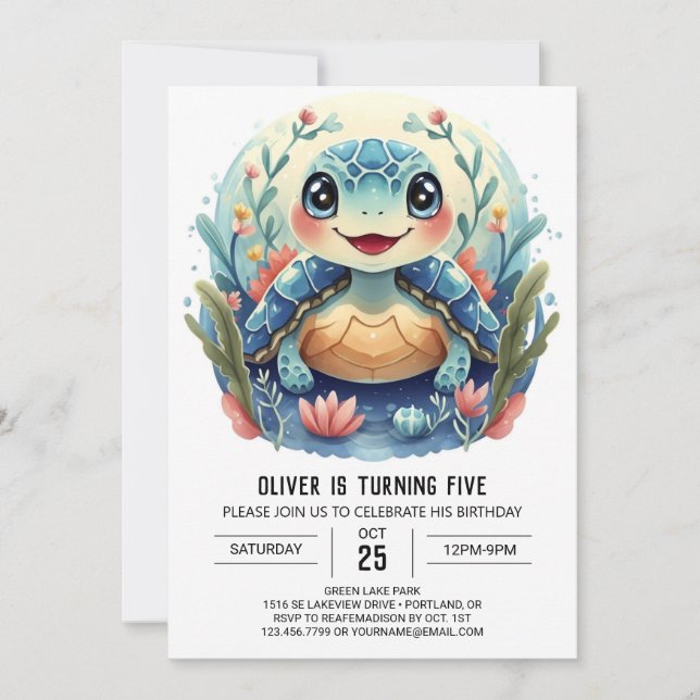 Aquatic Boho Whimsy Turtle Boy Birthday Invitation (Front)