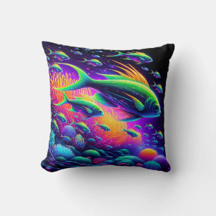 “Aquatic Dance: Neon Serenity Curtain” Cushion