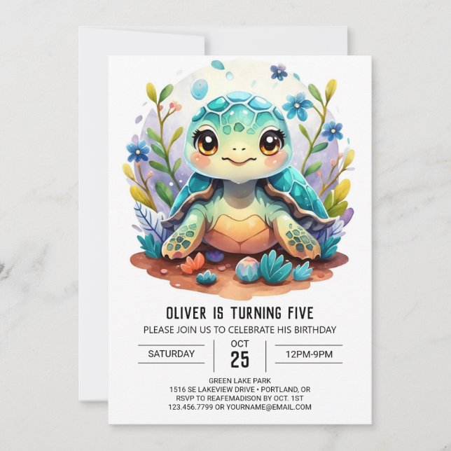 Aquatic Digital Whimsy Turtle Boy Birthday Invitation (Front)