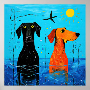 "Aquatic Duo of Joy" -  Surreal Colourful Dogs     Poster