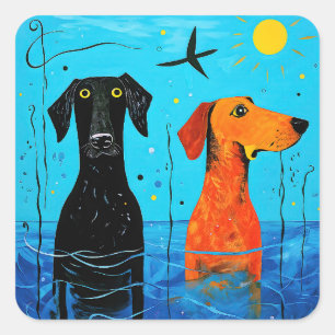 "Aquatic Duo of Joy" -  Surreal Colourful Dogs     Square Sticker