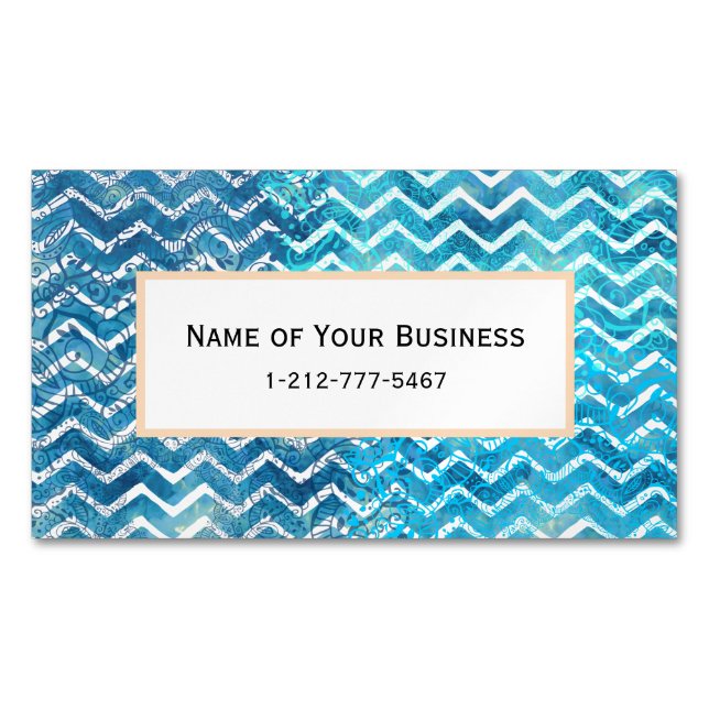 Aquatic Fantasy Blue and Aqua Chevron ZigZags Magnetic Business Card (Front)