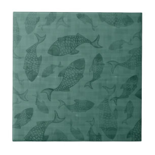 Aquatic Fish Stencil Art Teal Bokeh Pattern Ceramic Tile