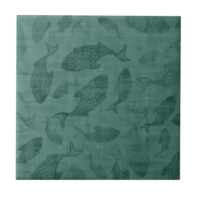 Aquatic Fish Stencil Art Teal Bokeh Pattern Ceramic Tile (Front)