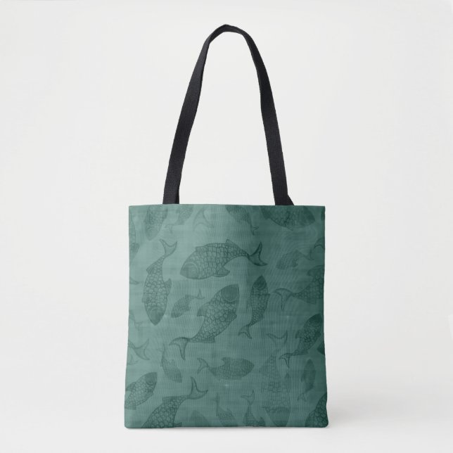 Aquatic Fish Stencil Art Teal Bokeh Pattern Tote Bag (Front)