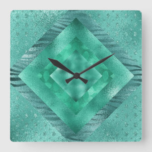 Aquatic Jungle Blue Glitter Clock Square