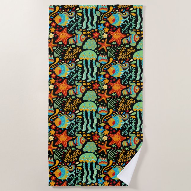 Aquatic Life Cartoon Style Beach Towel (Front)
