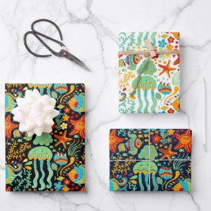 Aquatic Life Cartoon Style Wrapping Paper Sheet