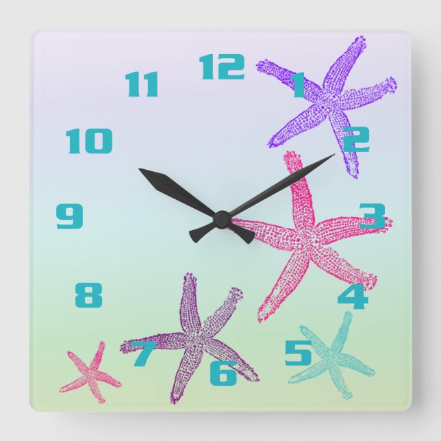 Aquatic Life Starfish In Pastel Colours Pattern Square Wall Clock (Front)