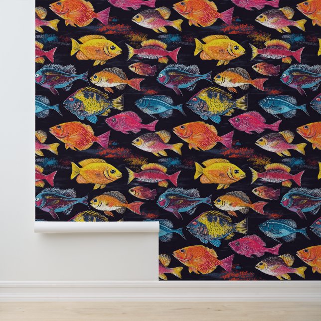 Aquatic Life Swimming Fish Chalk Drawing Pattern  Wallpaper (Application)