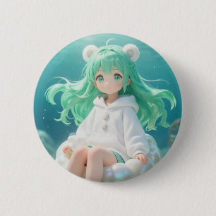 Aquatic Mint: Kawaii Girl in White Hoodie on Iride 6 Cm Round Badge