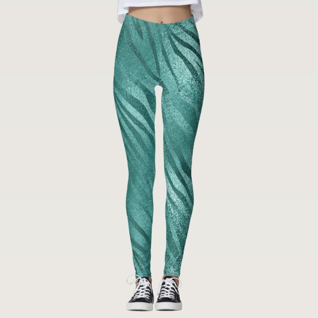 Aquatic Teal Tropical Zebra Skin Animal Pastel Leggings (Front)