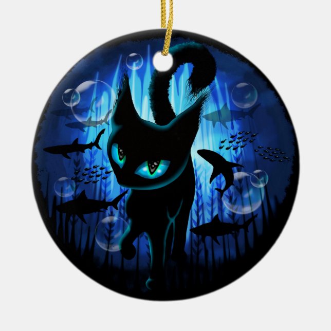 Aquaticat - Surreal Cat in Deep Ocean Fantasy Ceramic Ornament (Front)
