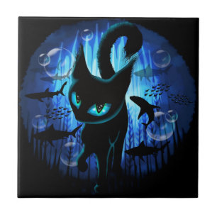 Aquaticat - Surreal Cat in Deep Ocean Fantasy Ceramic Tile