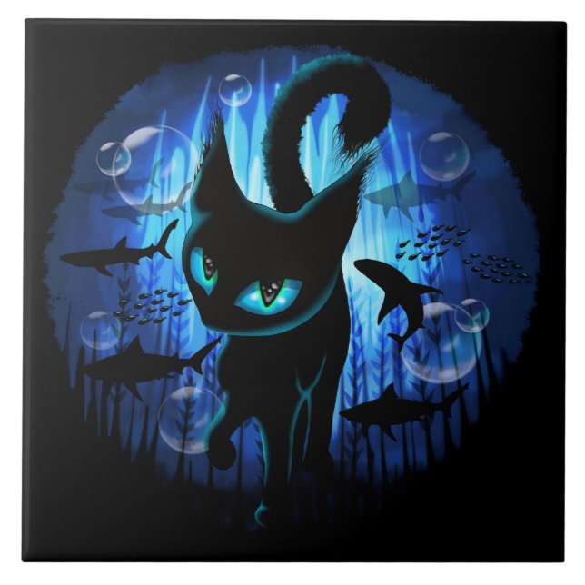 Aquaticat - Surreal Cat in Deep Ocean Fantasy Ceramic Tile (Front)