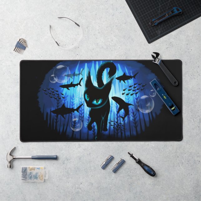 Aquaticat - Surreal Cat in Deep Ocean Fantasy Desk Mat (Workstation)